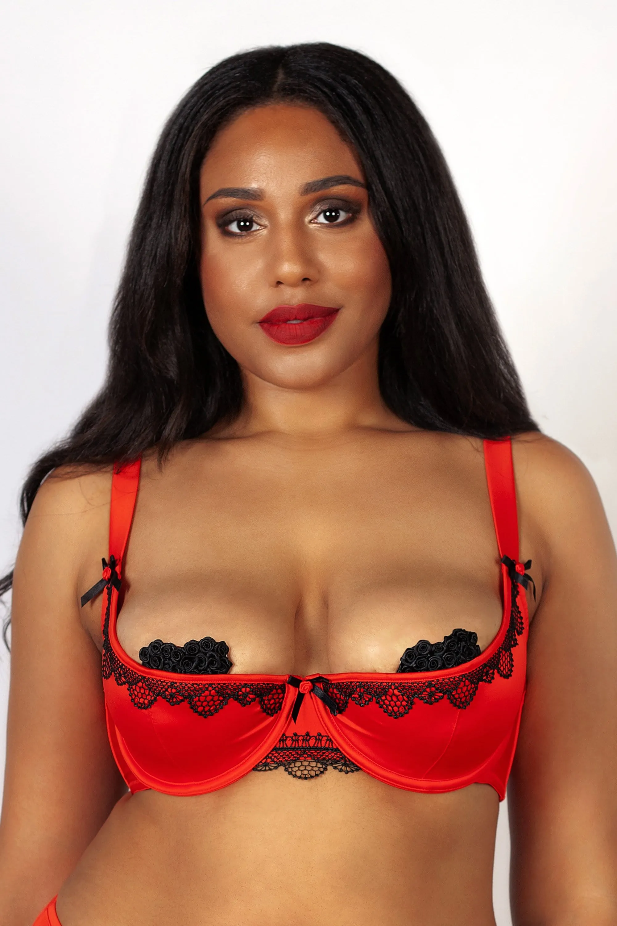 Arlene 1/4 Curve Cup Red Satin Black Lace Bra
