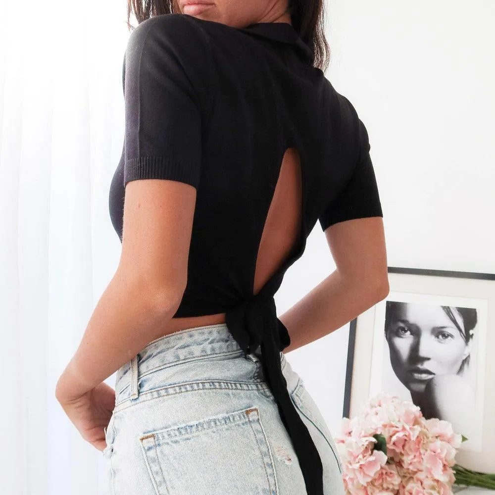 Back Tie Sweater Top - Black