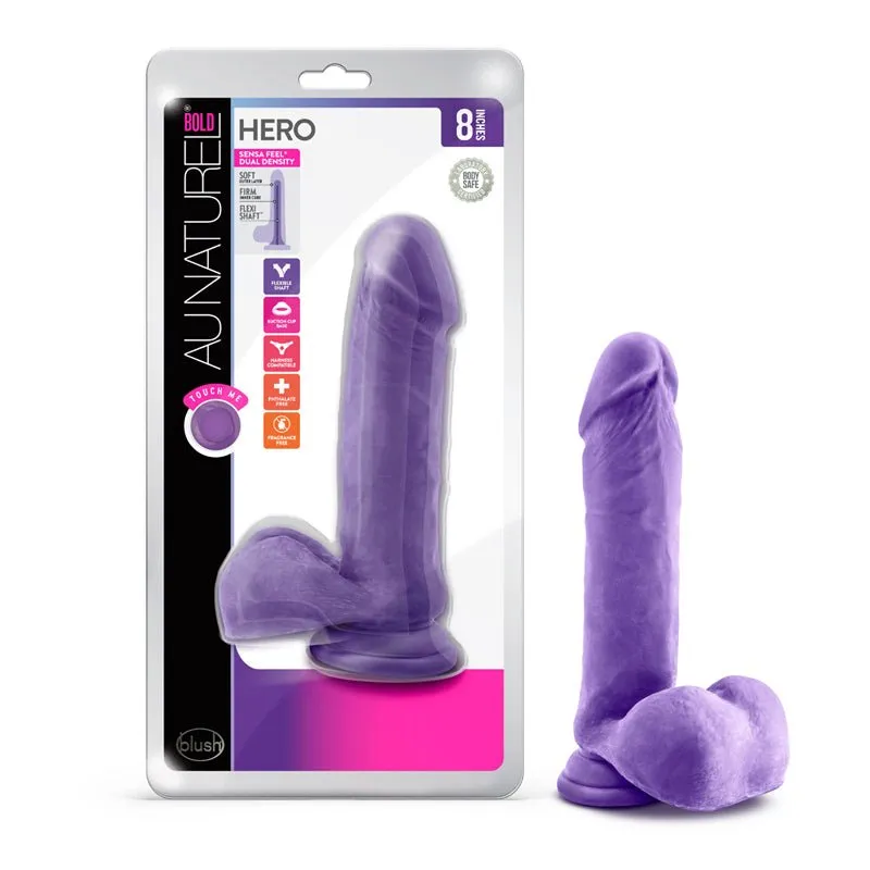 Blush Au Naturel Bold Hero 8 in. Posable Dual Density Dildo with Balls & Suction Cup Purple