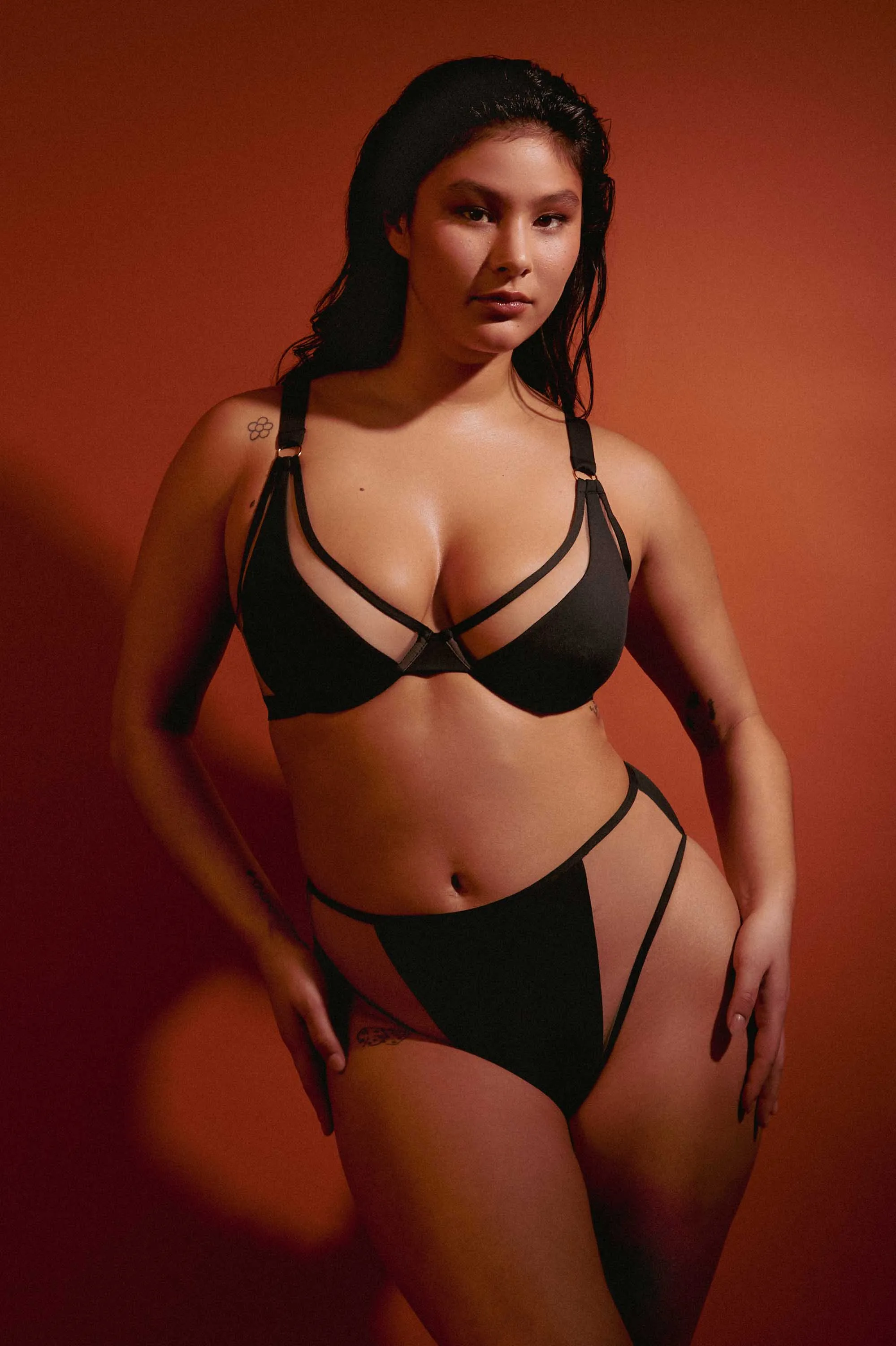 Eloise Black High-Waist High-Leg Bikini Bottoms with Nude Inserts