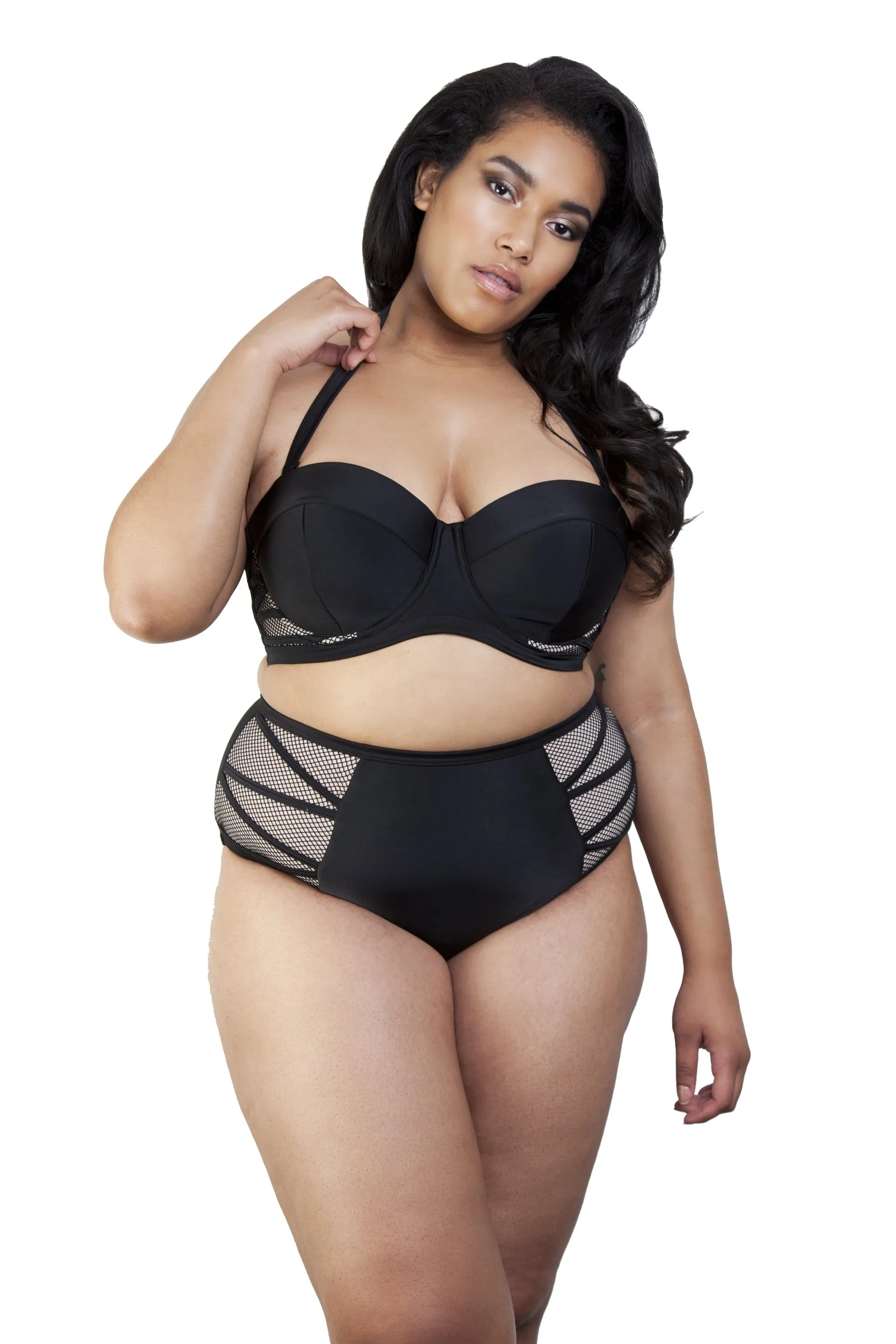 Hunter McGrady Plus Size/Curve Black Mesh Insert High Waist Bikini Bottom