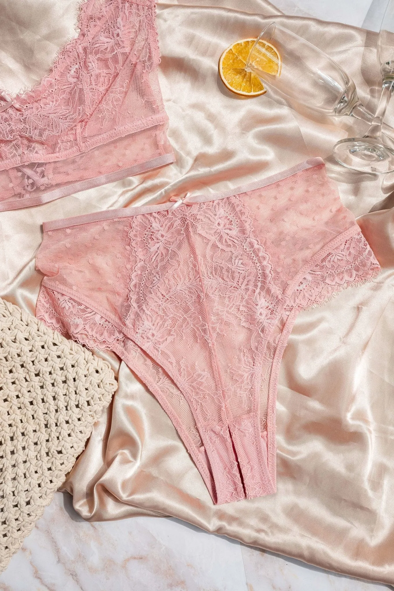 Lacy High Waist Crotchless Panty - Blush