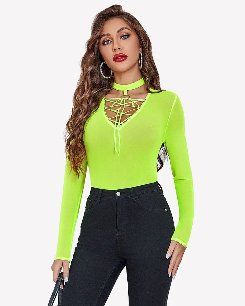 Long Sleeve Deep V Neck Mesh Bodysuit