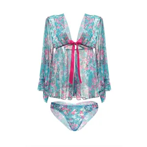 MAI TAI KIMONO SLEEVE ROBE & PANTY SET L/XL TURQUOISE