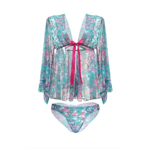 MAI TAI KIMONO SLEEVE ROBE & PANTY SET M/L TURQUOISE
