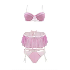 Pink Lady Bra. Skirt and Panty Set 1x/2x Strawberry Cream