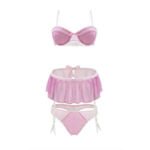 Pink Lady Mesh.Bra. Skirt and Panty Set  S/M Strawberry Cream