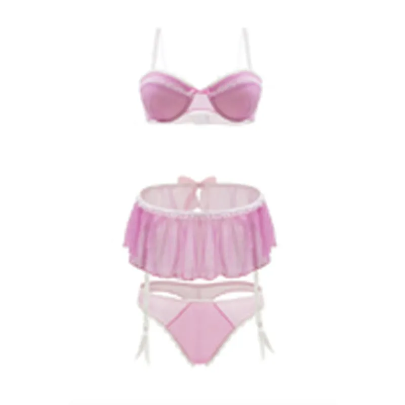 Pink Lady Mesh.Bra. Skirt and Panty Set  S/M Strawberry Cream