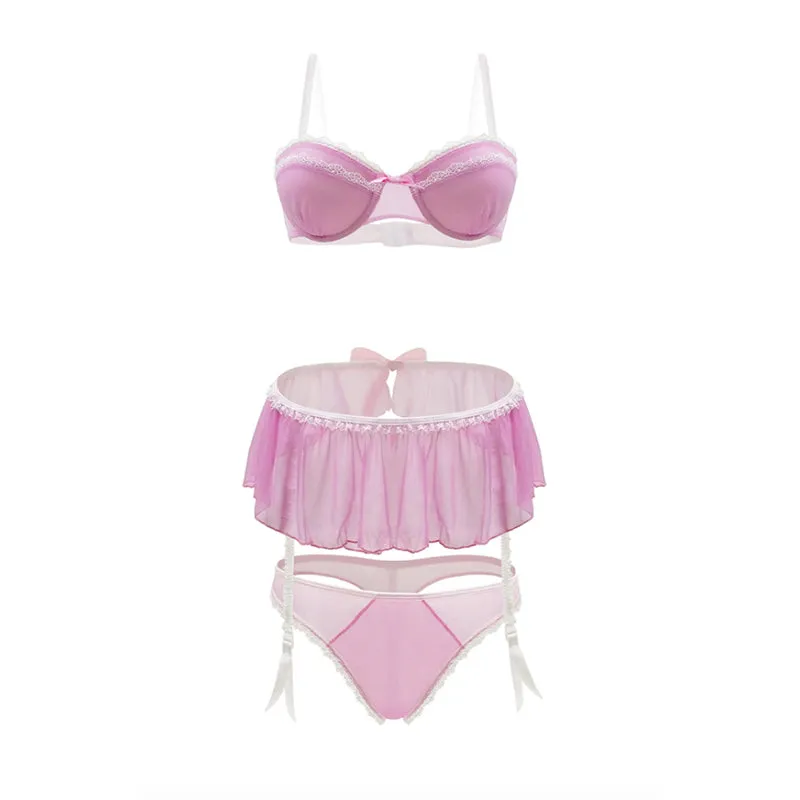 PinkLady Mesh Bra. Skirt and Panty Set M/L Strawberry Cream
