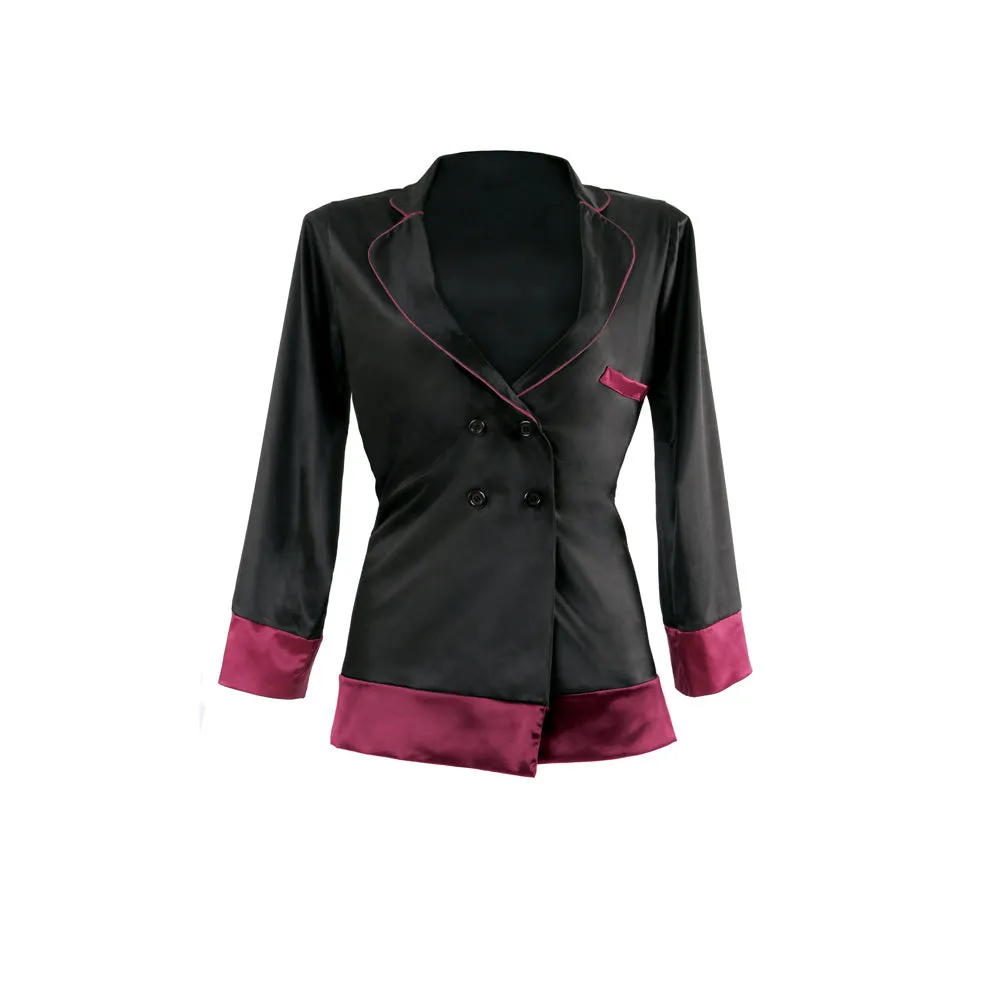 Premiere Marjorie Contrast Cuff Satin Blazer Jacket Black/Berry S/M
