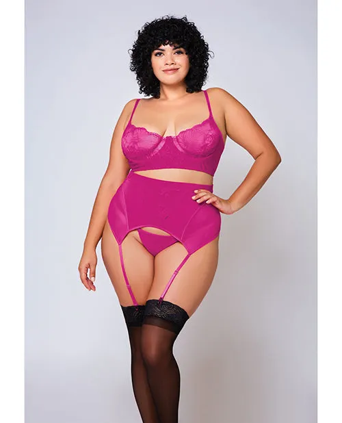 Soft Lace Bra. High Waist Satin & Mesh Garterbelt & G-string Fuchsia