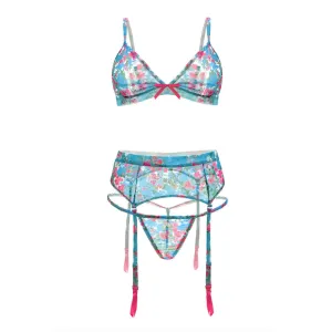 TURQUOISE SEAS FLORAL MESH BRALETTE. GARTER BELT & G-STRING 1X/2X TURQUOISE