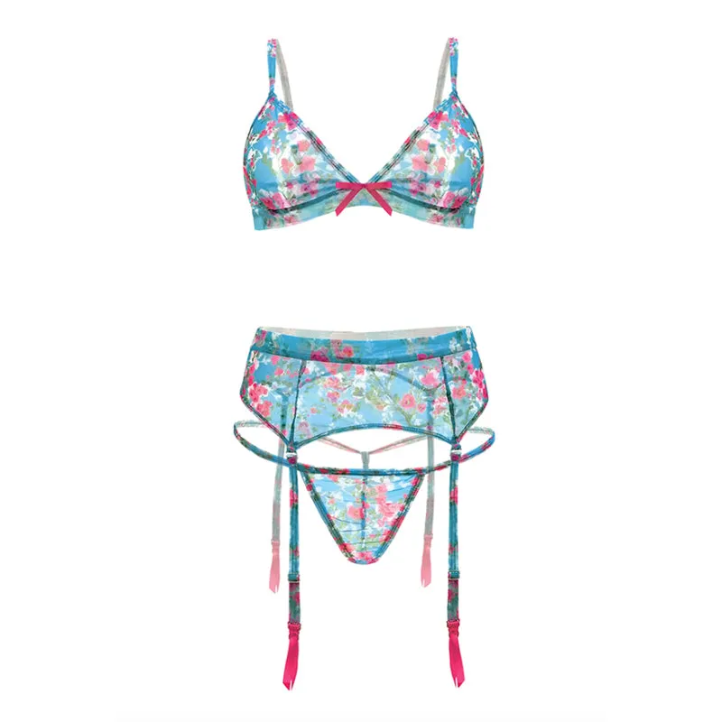 TURQUOISE SEAS FLORAL MESH BRALETTE. GARTER BELT & G-STRING 2X/3X TURQUOISE